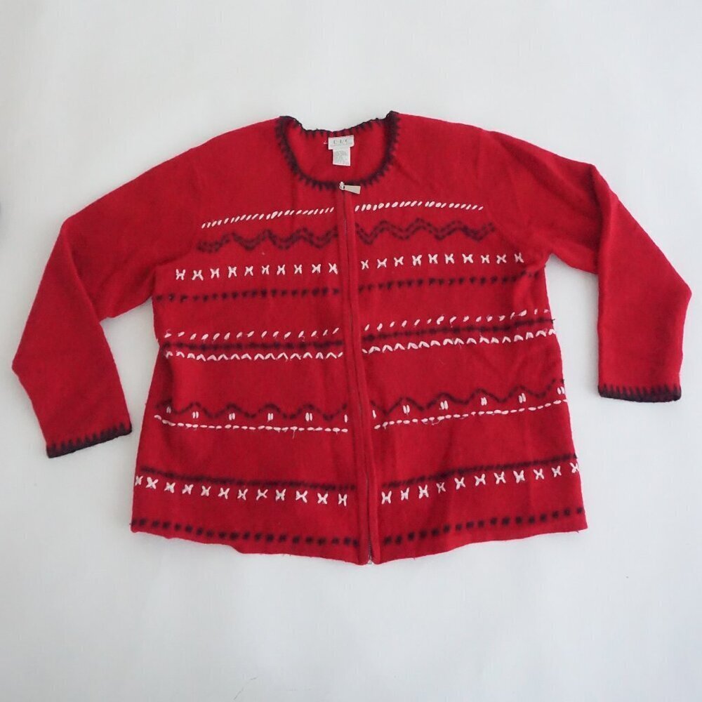 Vintage CLC Red Black Nordic Fair Isle Scandinavian Christmas Wool Cardigan XL